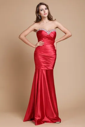 ---Elegant long red dress made of silk satin with fitted and draped bust, sweetheart neckline decorated--