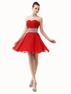 ---Elegant short and cheap red dress for teenagers with sweetheart neckline made of chiffon and decorated at the waist with rhin