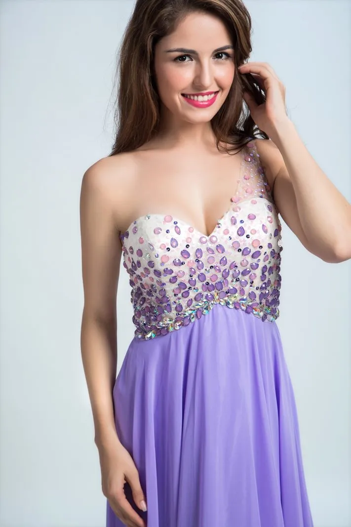 ---Reliable online lavender and white one-shoulder formal dress with lots of sparkling stone decorations on the bodice--