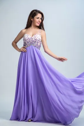 ---Reliable online lavender and white one-shoulder formal dress with lots of sparkling stone decorations on the bodice--