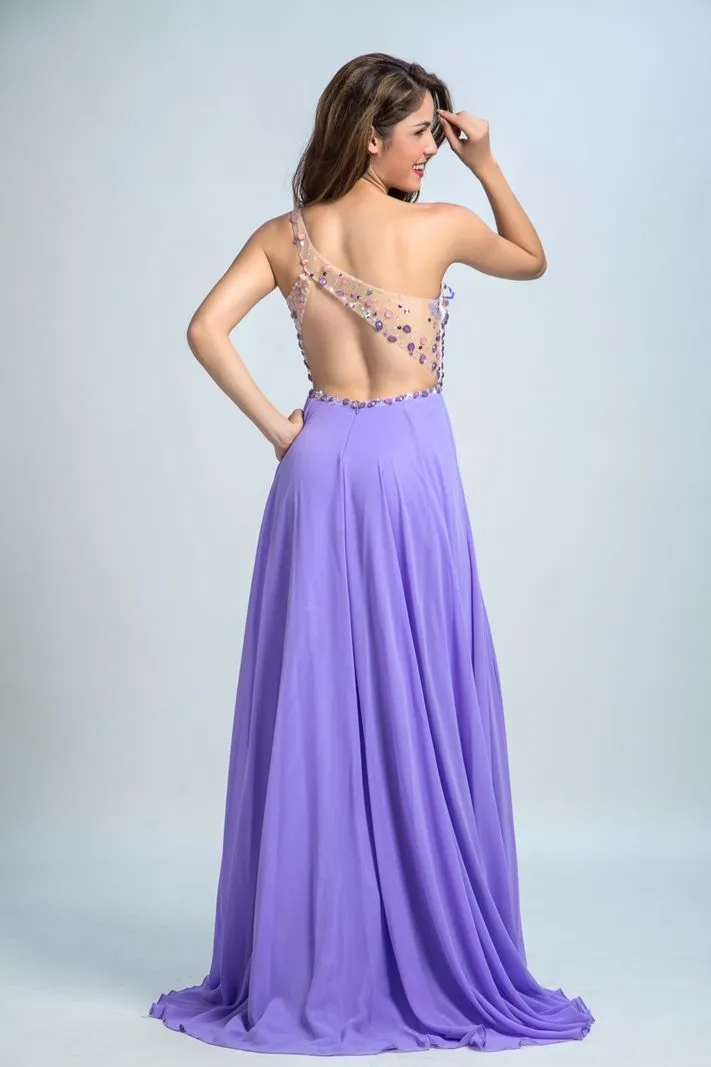 ---Reliable online lavender and white one-shoulder formal dress with lots of sparkling stone decorations on the bodice--