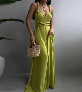 2023 Fashion Deep V Neck Sling Long Dress Donna Elegante Twist Knot Crossover Solid Party Dress Backless Lace Up Maxi Dr