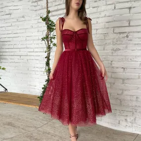 Abiti da sera linea A bordeaux per donna 2023 Summer Tea Length Bow Strap Glitter con cintura Sweetheart Prom Gowns Zippe