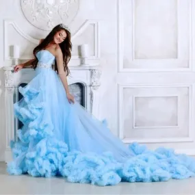 Abito da servizio fotografico in tulle arruffato di lusso Abiti da festa di nozze da sposa blu cielo per fotografia Cintura in r