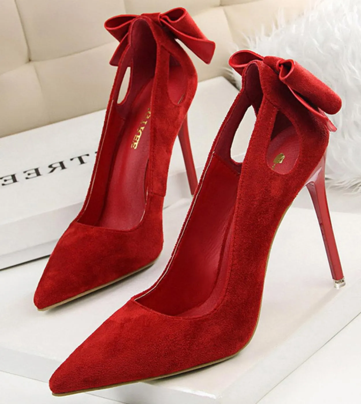 Bigtree Shoes Sweet High Heels 2023 Hot Suede Women Shoes Bow Knot Pumps Women Stiletto Flock Shoes Women Heels Wedding