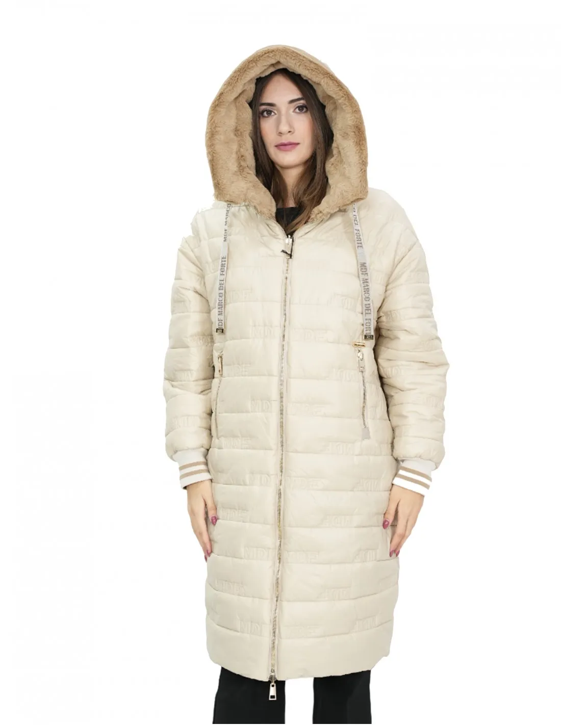 Cappotto reversibile con pelliccia di montone e piumino in piuma 46 nei colori beige e marrone manica lunga chiusura zip 