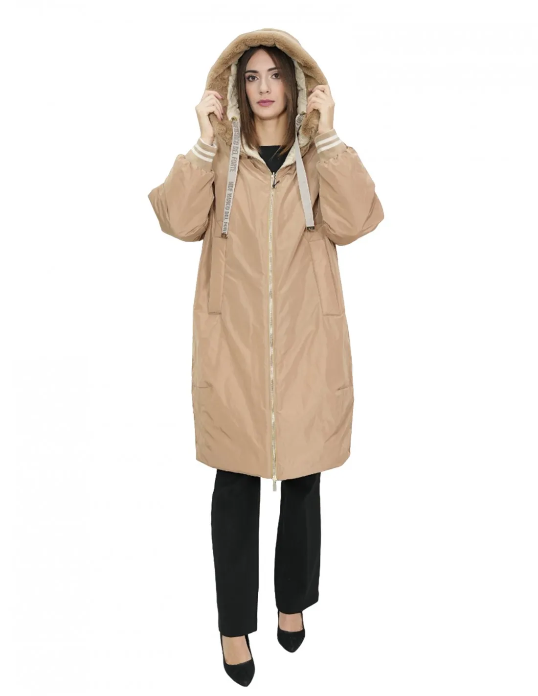 Cappotto reversibile con pelliccia di montone e piumino in piuma 46 nei colori beige e marrone manica lunga chiusura zip 