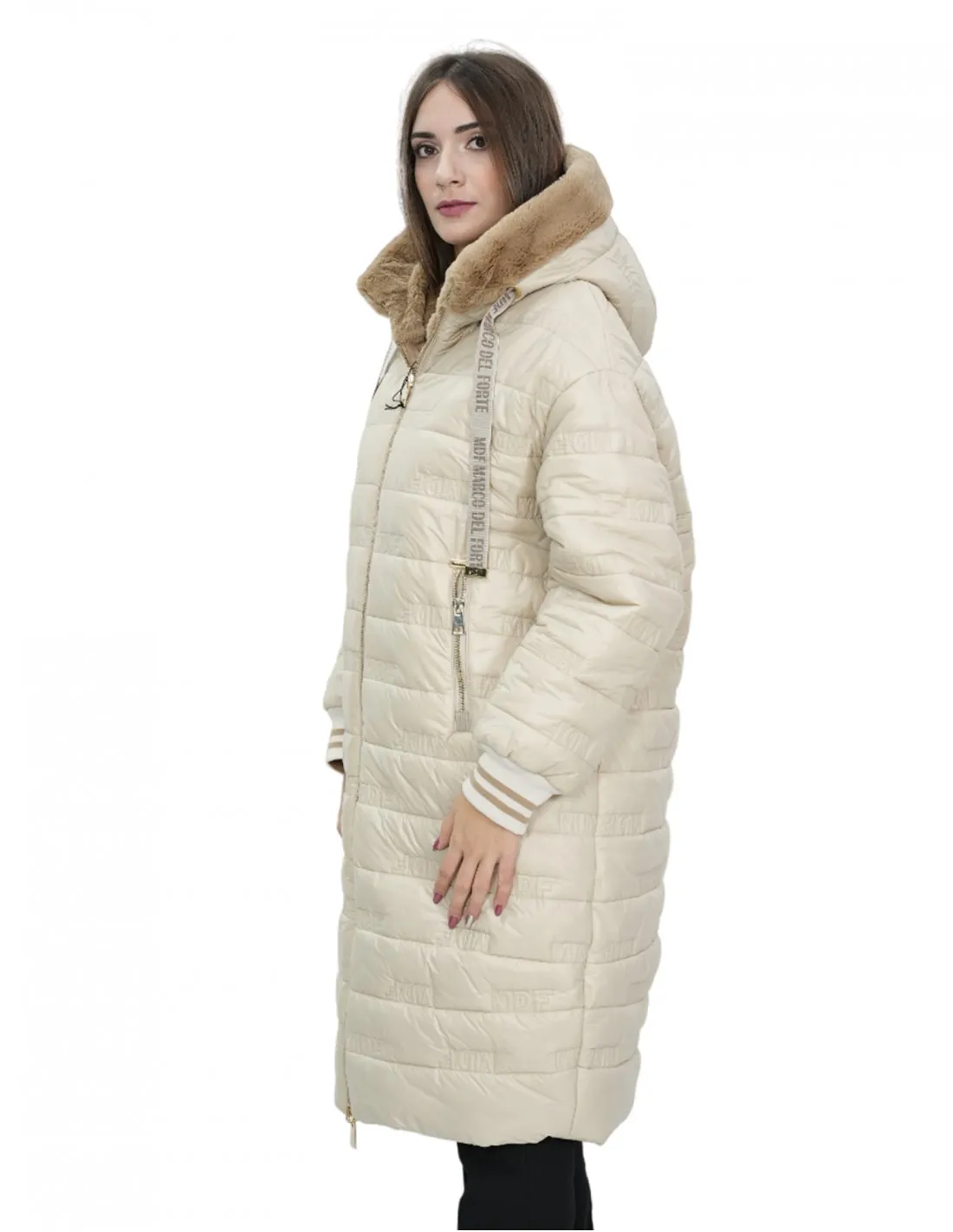 Cappotto reversibile con pelliccia di montone e piumino in piuma 46 nei colori beige e marrone manica lunga chiusura zip 