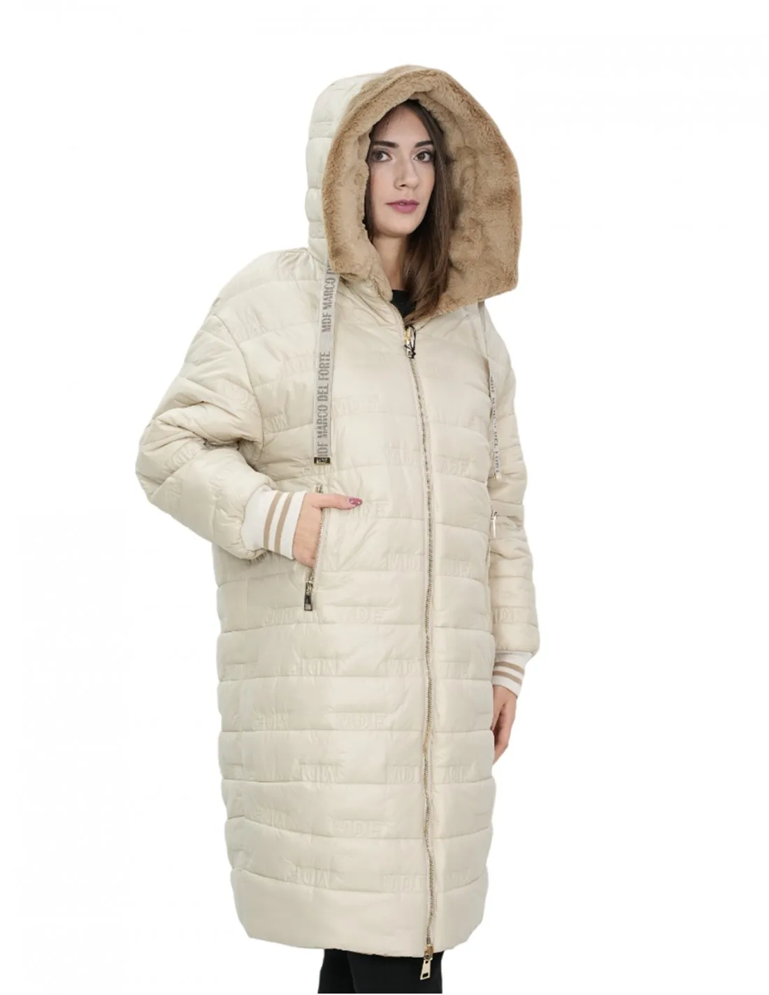 Cappotto reversibile con pelliccia di montone e piumino in piuma 46 nei colori beige e marrone manica lunga chiusura zip 