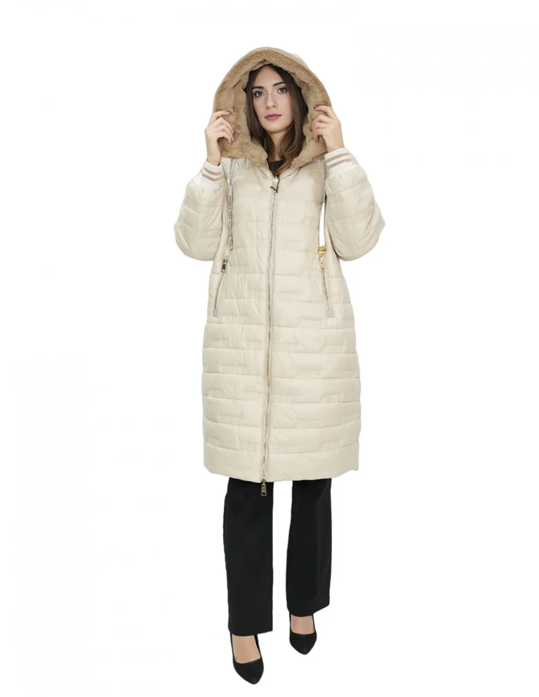 Cappotto reversibile con pelliccia di montone e piumino in piuma 46 nei colori beige e marrone manica lunga chiusura zip 