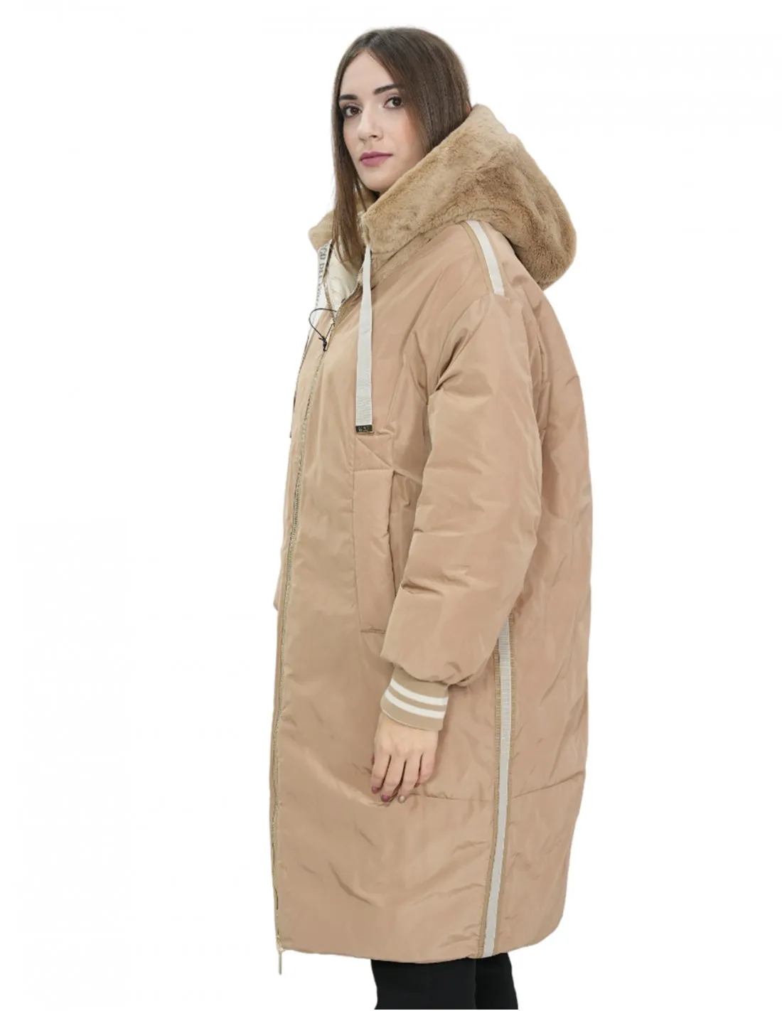 Cappotto reversibile con pelliccia di montone e piumino in piuma 46 nei colori beige e marrone manica lunga chiusura zip 