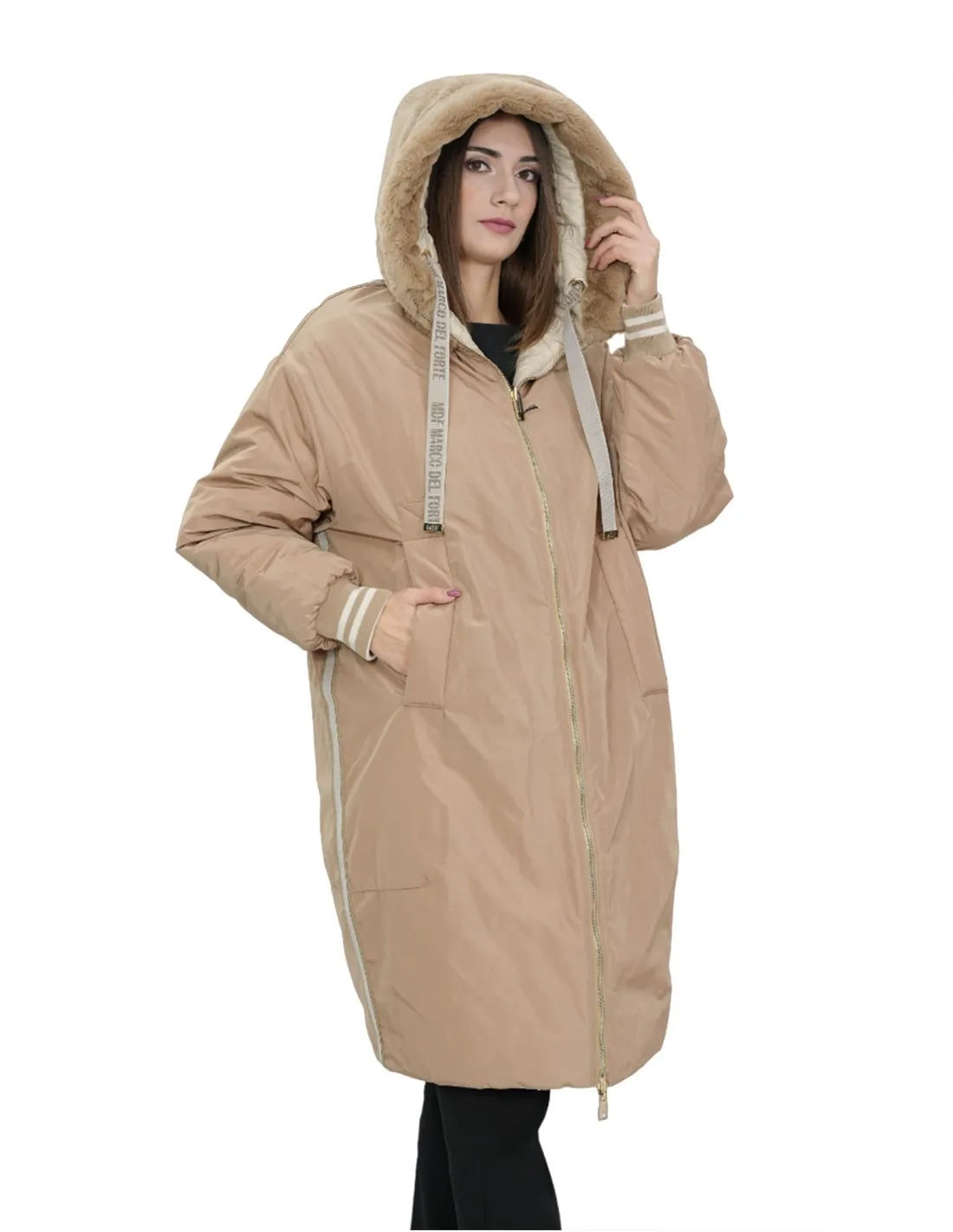 Cappotto reversibile con pelliccia di montone e piumino in piuma 46 nei colori beige e marrone manica lunga chiusura zip 