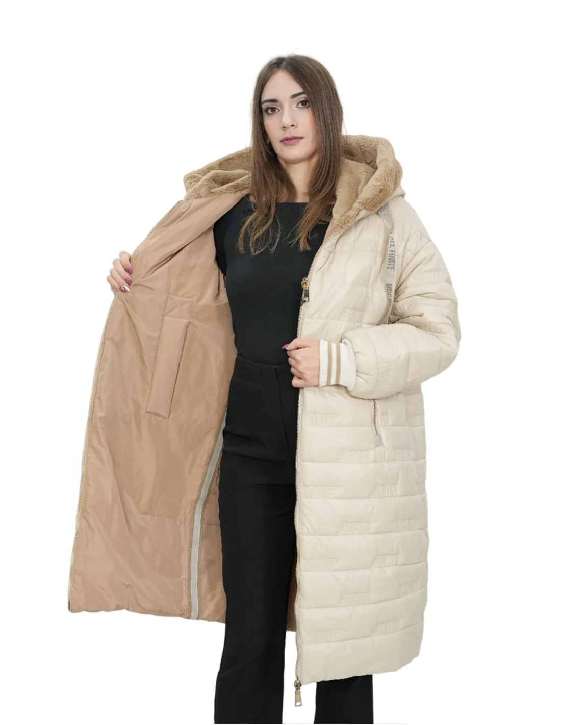 Cappotto reversibile con pelliccia di montone e piumino in piuma 50 nei colori beige e marrone manica lunga chiusura zip 