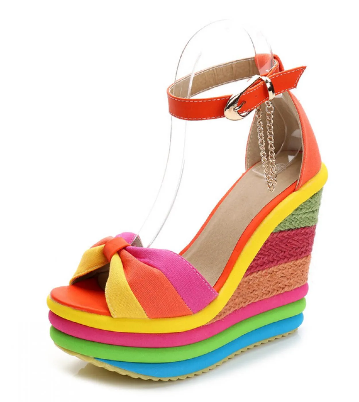 Comemore  Summer New Wedges Sandals For Women Platform Rainbow Shoes Bowknot Clogs High Heels Female Metal Chain Ladies