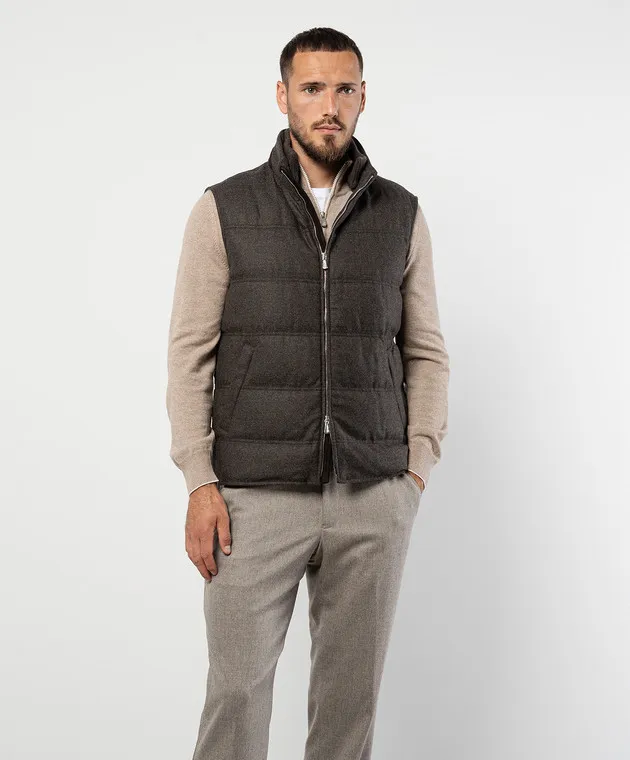 Enrico Mandelli Piumino marrone in lana e cashmere con inserti in pelle e ricamo logo A9T7723821