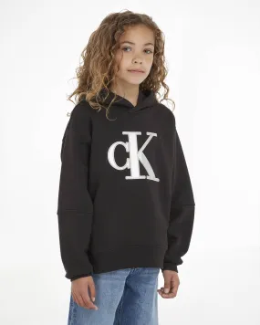 Felpa relaxed-fit nera in cotone con cappuccio e maxi logo monogramma metallizzato 10-16 anni