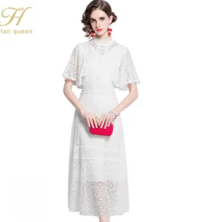 H Han Queen Womens Evening Party White Lace Dress Swing Scava Fuori Una Linea Dresse Elegante Slim Business Casual Work Ves