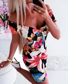 Hirigin Floral Dress Women Boho Bodycon Short Mini Dress Elegante Ladi