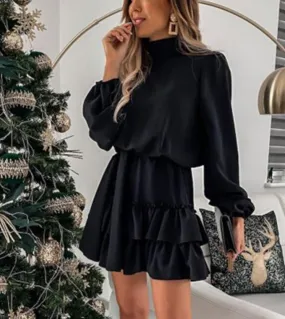 New Ruffles Casual Solid Long Sleeve Mini Dress Fashion Women 2023 Spring Elegant Office Lady Commute Party Dresses Autu