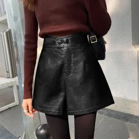 Pantaloncini corti autunno inverno nuovi a gamba larga da donna a vita alta slim A Line in pelle PU