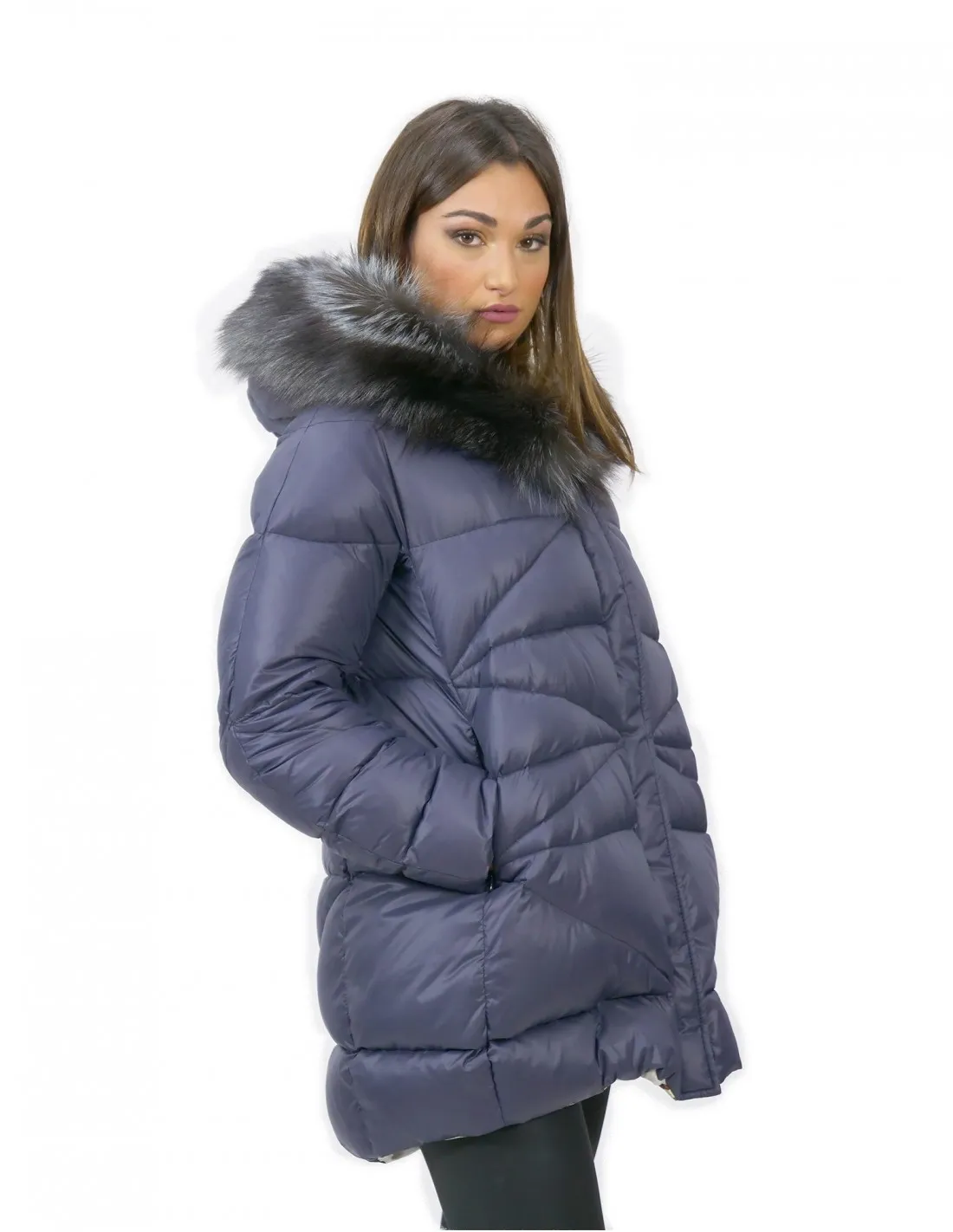 Piumino con pile interno e pelliccia di volpe blu 46 pelliccia cappuccio zip 