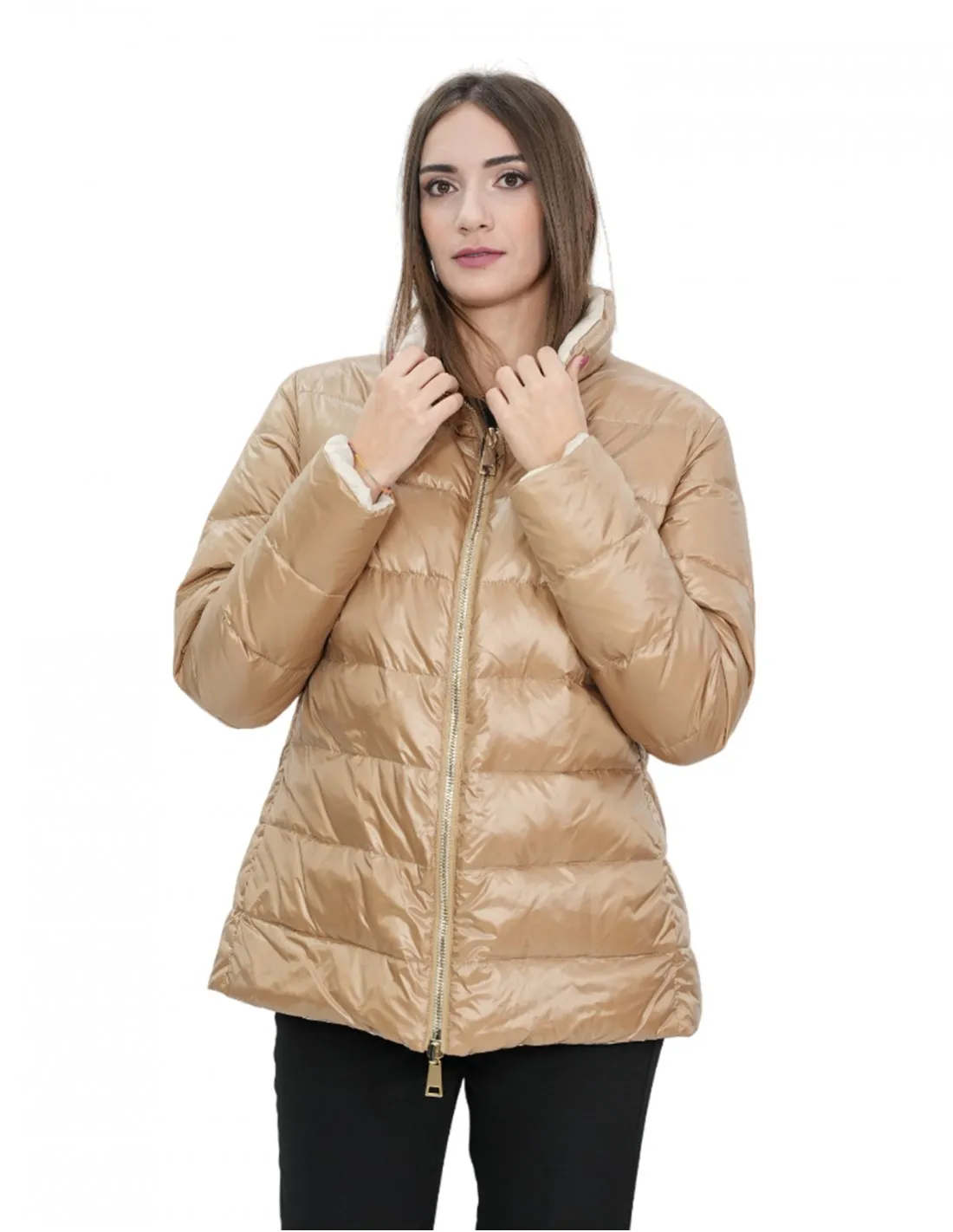 Piumino in vera piuma reversibile 50 marrone e beige collo pistagna manica lunga tasca invisibile 