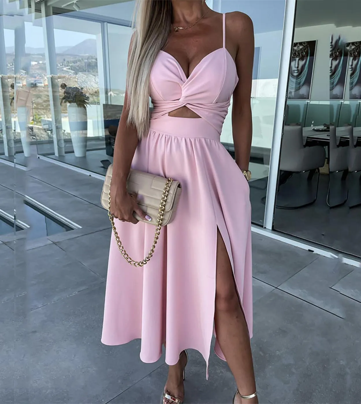 Profondo scollo a V Twist Hollow Out Sling Dress Women Elegante Hight Split Solid Party Dress Casual senza maniche Backless Soli