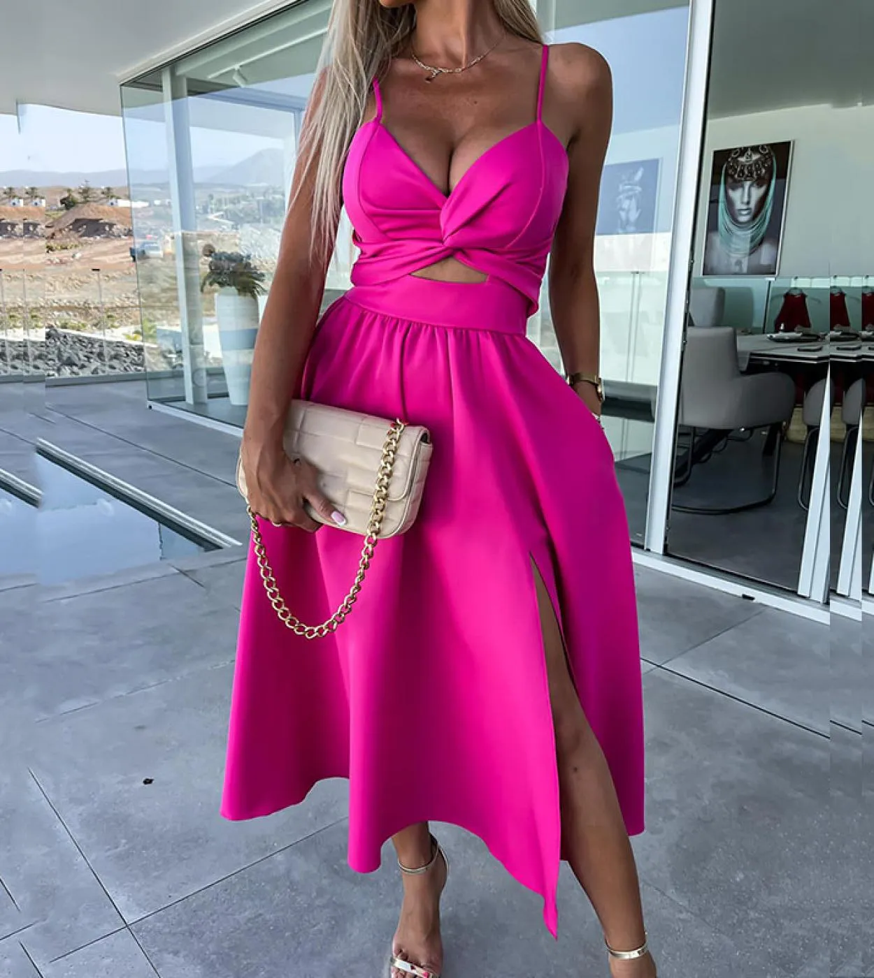 Profondo scollo a V Twist Hollow Out Sling Dress Women Elegante Hight Split Solid Party Dress Casual senza maniche Backless Soli