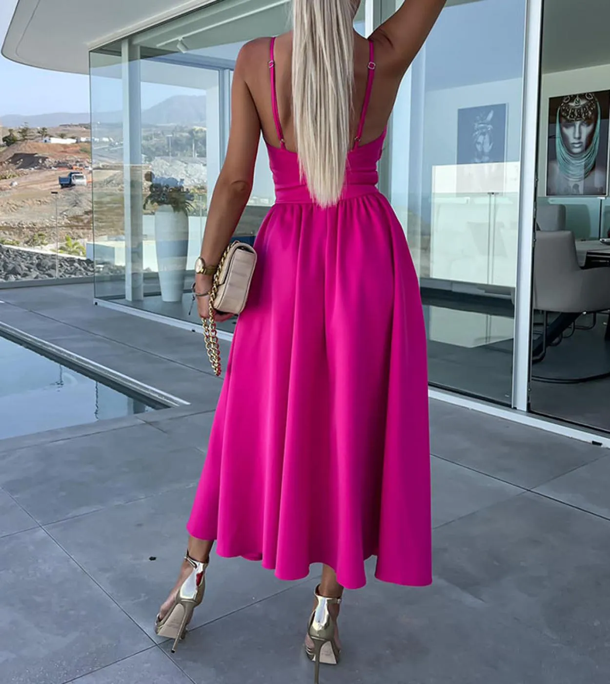 Profondo scollo a V Twist Hollow Out Sling Dress Women Elegante Hight Split Solid Party Dress Casual senza maniche Backless Soli