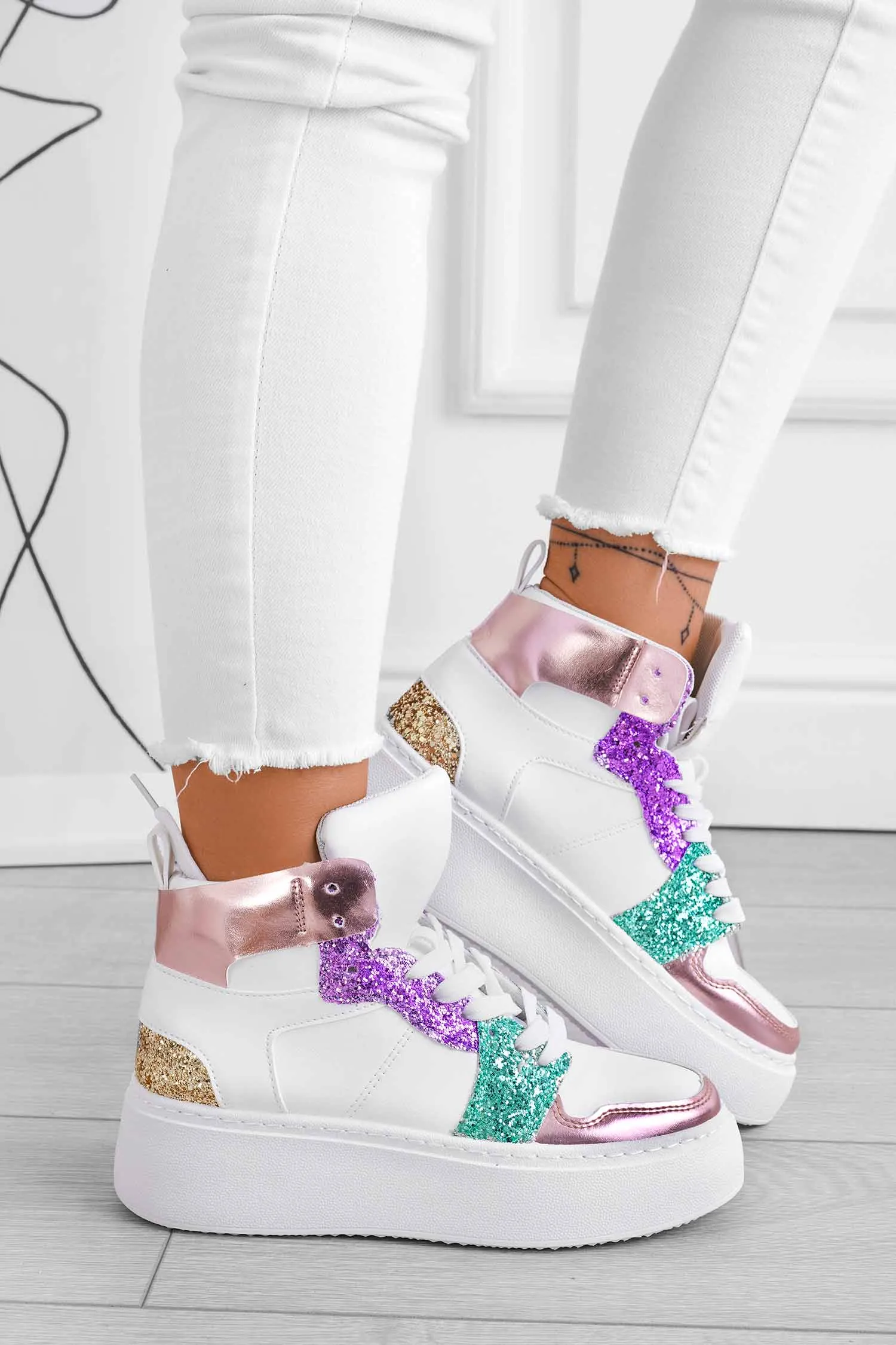 ROSINA - Sneakers bianche con inserti glitter multicolor