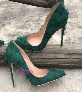 Tikicup Green Tassel Distressed Fabric Stiletto High Heels Fashion Designer Chic Ladies  Pumps Pointy Dress Shoes Size 4