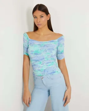 Top in jersey color acqua a fantasia floreale azzurra con scollo shiffer e arricciature laterali